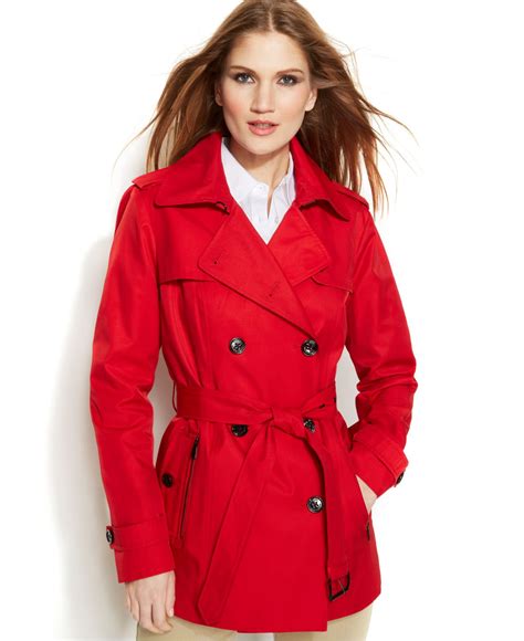 michael kors red trench coat with hood|Michael Kors belted raincoat.